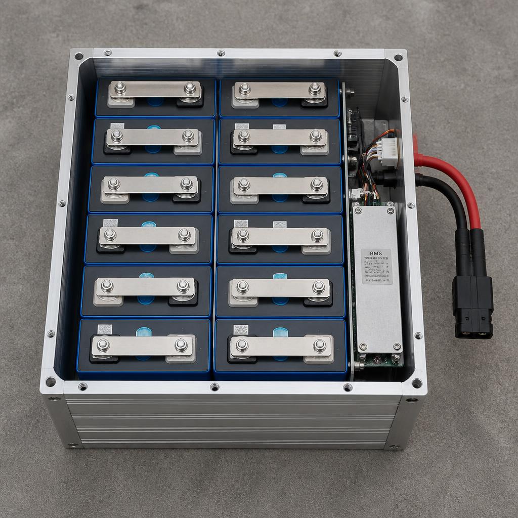 Pack pin LiFePO4 đã đóng hoàn chỉnh cho xe máy điện, nhìn từ trên xuống, thấy rõ cell prismatic xếp trong vỏ nhôm, BMS gắn bên hông, đầu nối dây điện