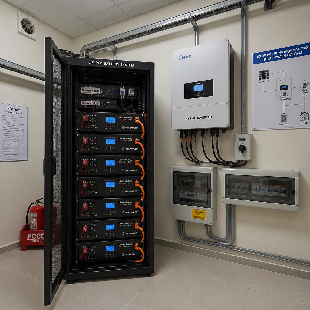 Pack pin LiFePO4 lắp đặt hoàn chỉnh trong tủ rack, kết nối với hybrid inverter, chụp góc rộng trong phòng kỹ thuật