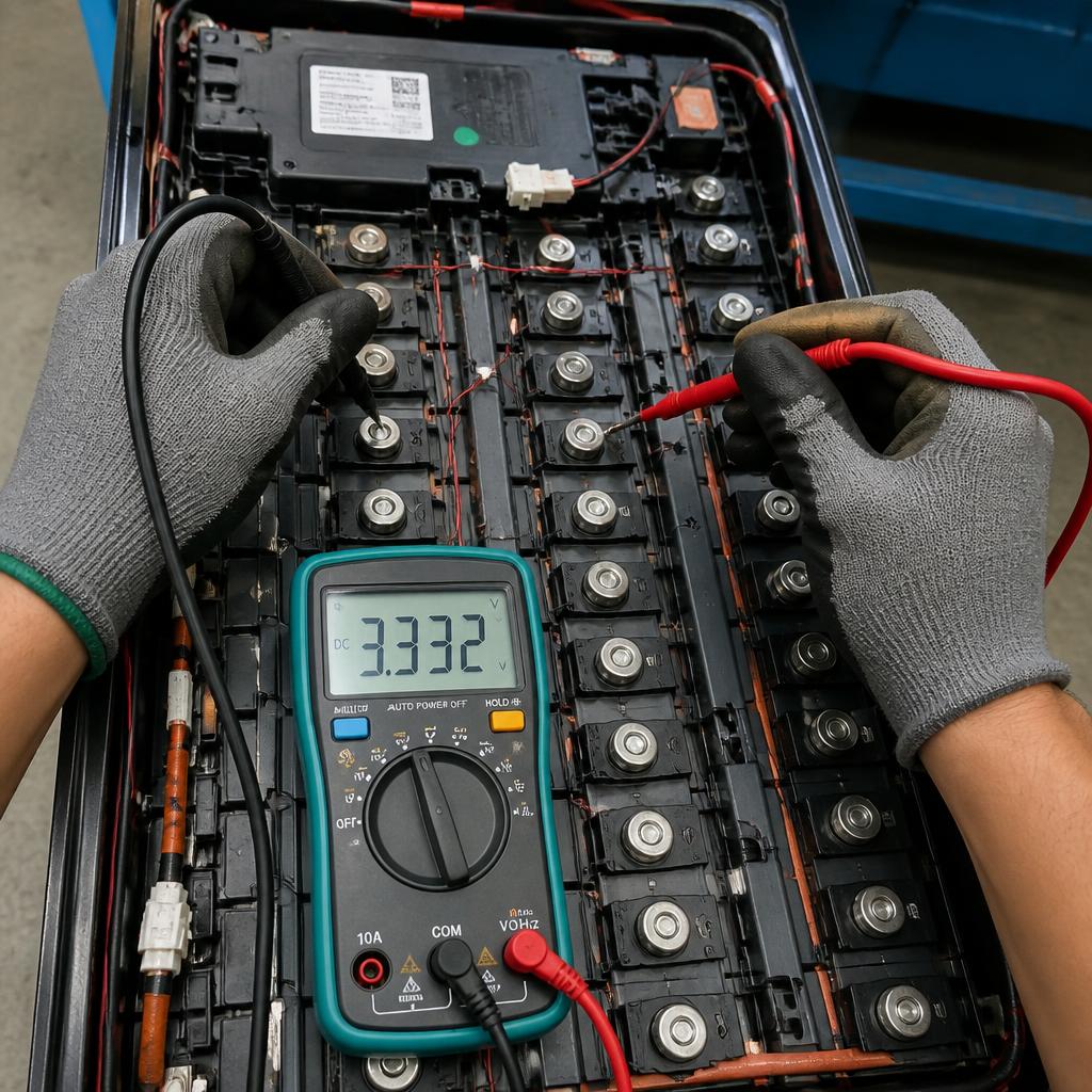 Pack pin lithium 48V xe nâng đang được kỹ thuật viên đo điện áp từng cell bằng đồng hồ đo kỹ thuật số, góc chụp cận cảnh từ trên xuống, bối cảnh xưởng kỹ thuật