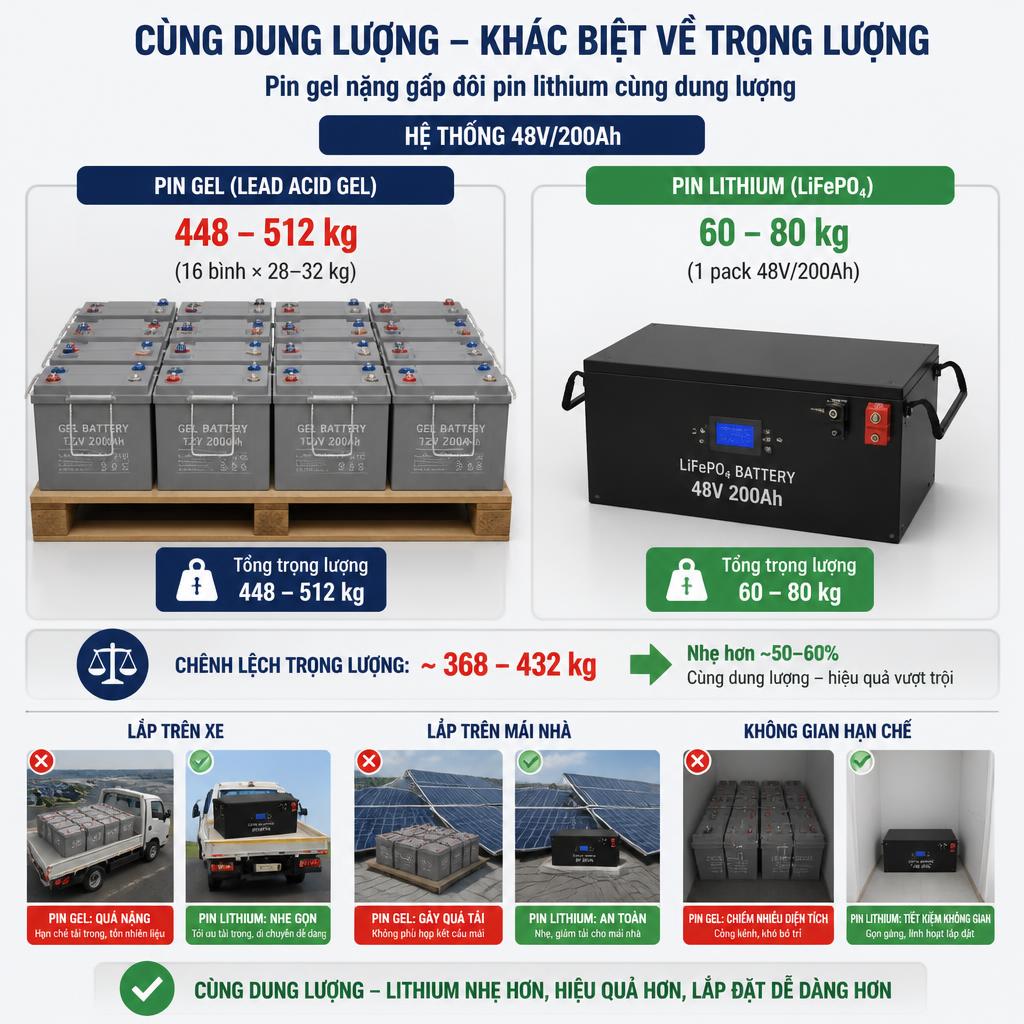 Pin lithium nhẹ hơn 6–8 lần so với pin gel cùng dung lượng.