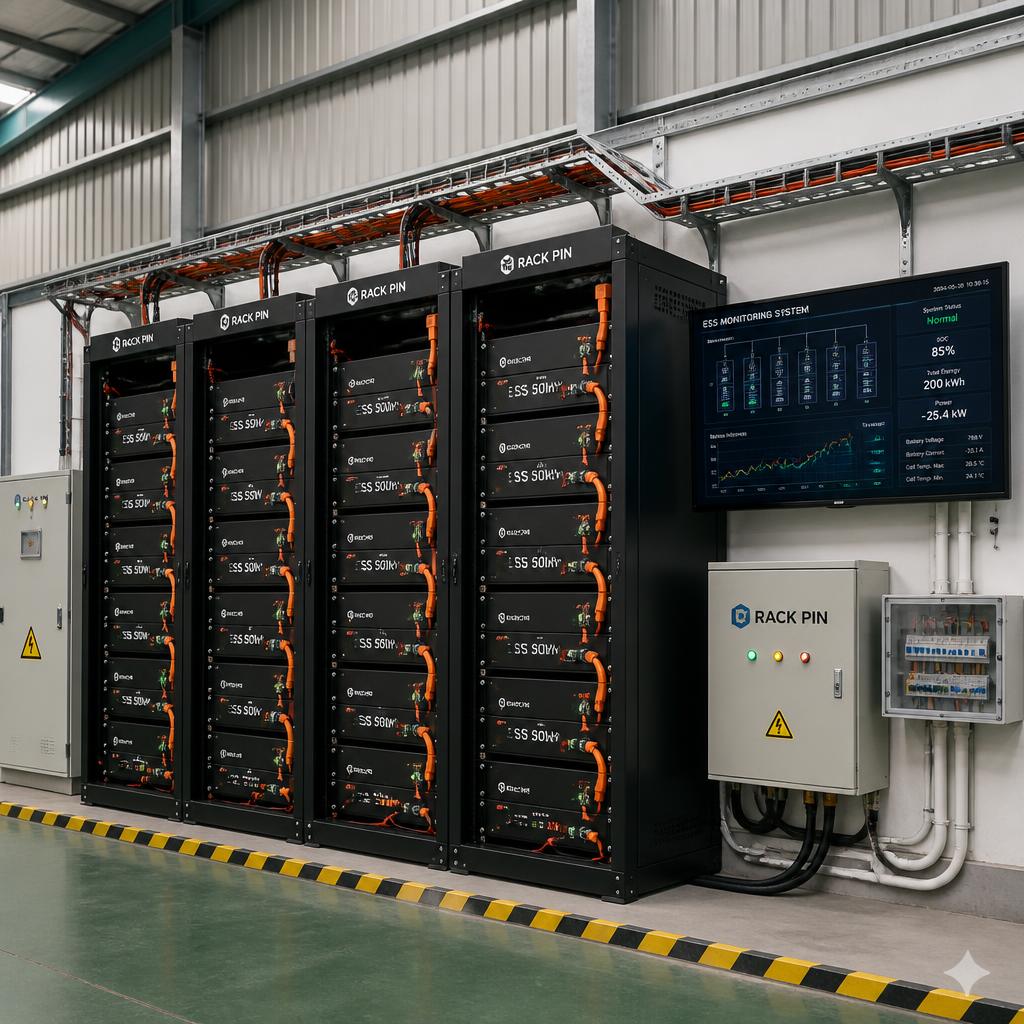 Rack pin ESS 50 kWh lắp đặt tại nhà xưởng, góc chụp toàn cảnh thể hiện cấu trúc nhiều pack ghép, màn hình giám sát và hệ thống dây kết nối
