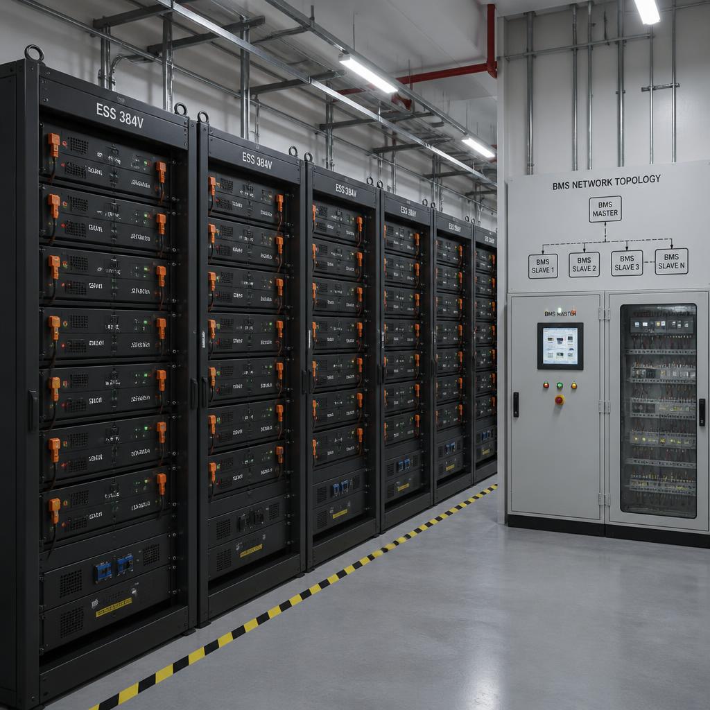 Rack pin ESS công nghiệp 384V lắp đặt trong phòng kỹ thuật nhà máy, nhiều mô-đun xếp thành dãy, kết nối BMS master-slave