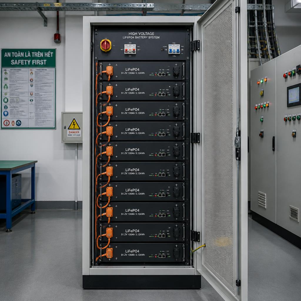 Rack pin lưu trữ áp cao LiFePO4 nhiều module xếp trong tủ công nghiệp, góc chụp chính diện, bối cảnh phòng kỹ thuật nhà máy