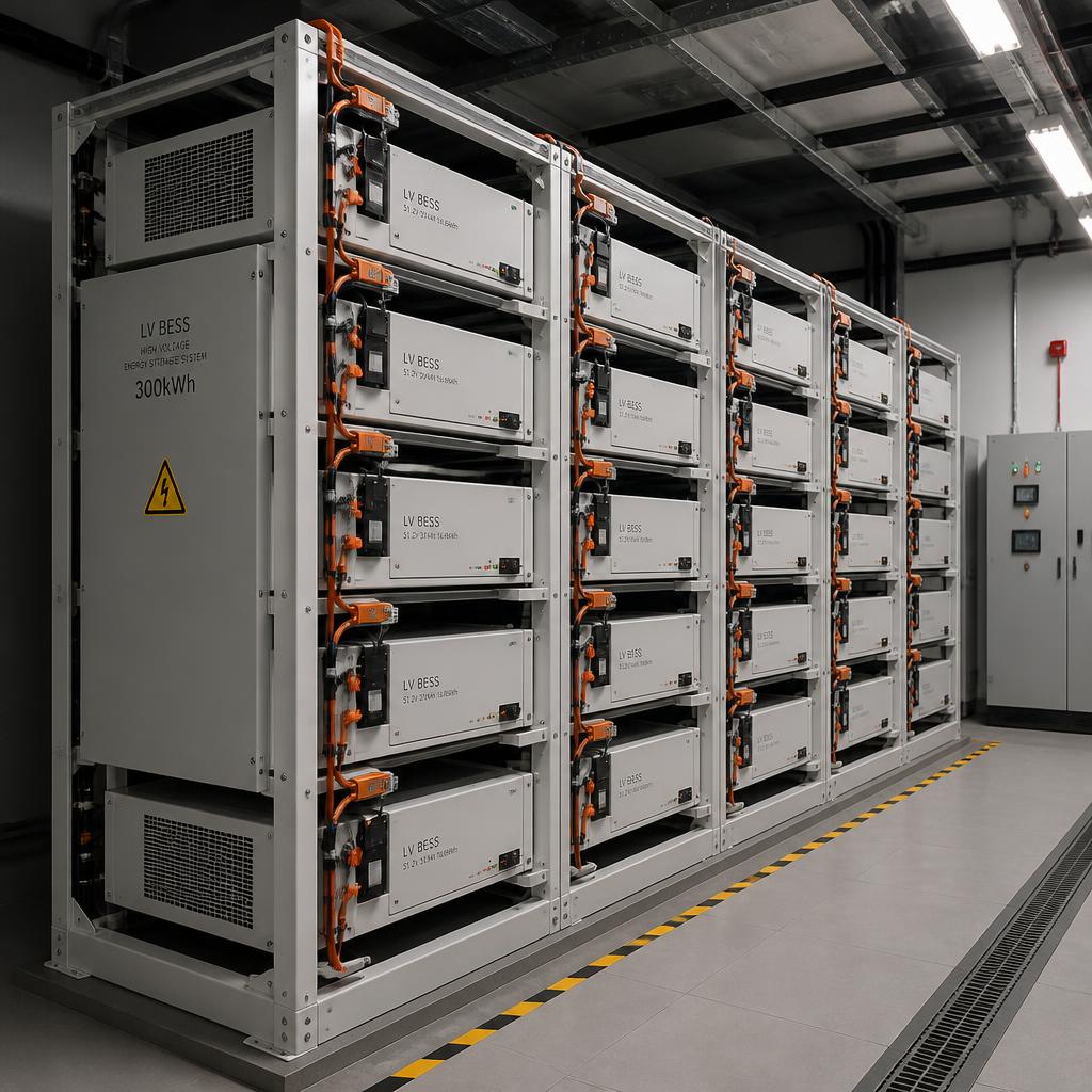 Rack pin lưu trữ áp cao 300kWh lắp đặt trong phòng kỹ thuật resort lớn, góc chụp nghiêng thể hiện cấu trúc mô-đun nhiều tầng