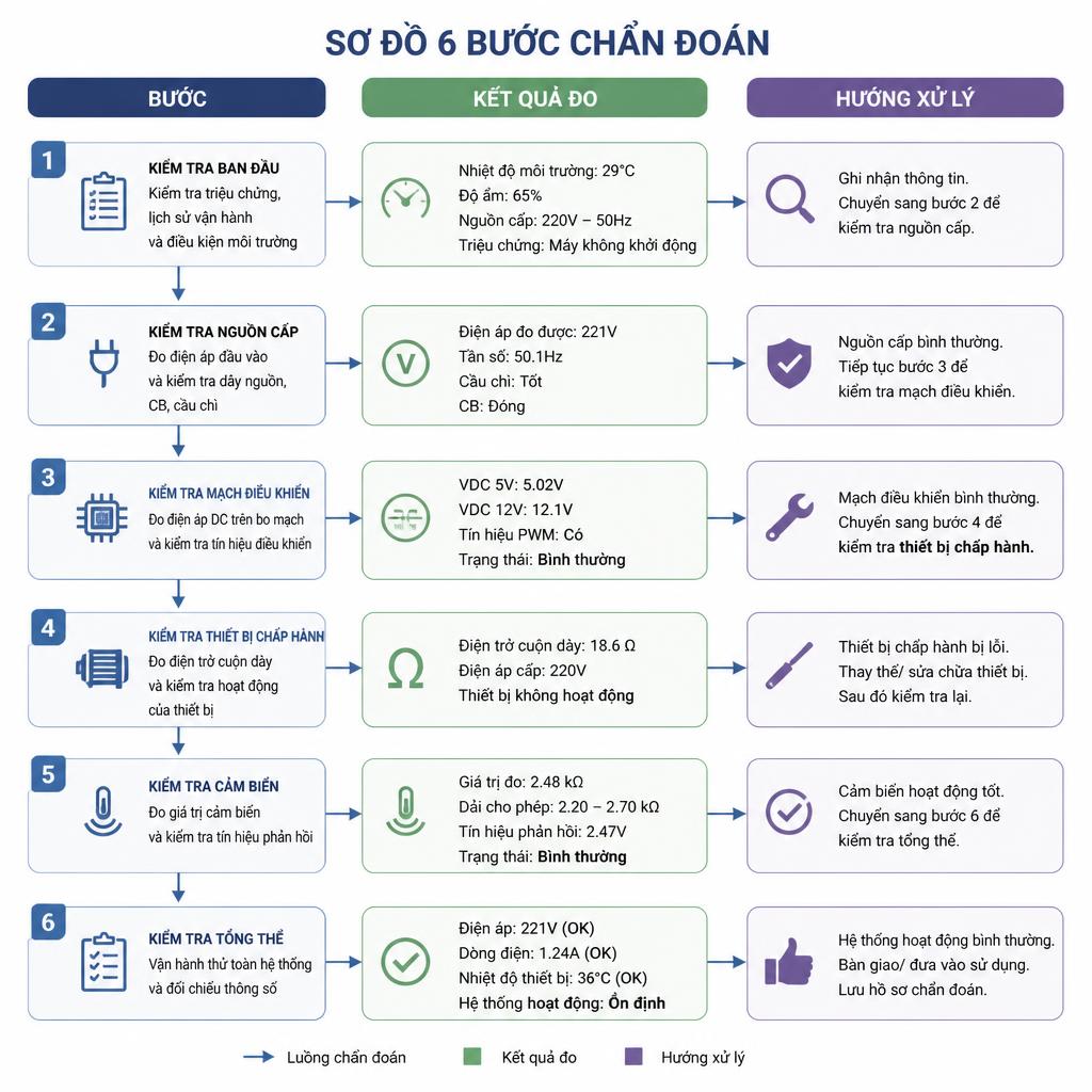 Sơ đồ 6 bước chẩn đoán dạng flowchart, mỗi bước có kết quả đo và hướng xử lý tương ứng