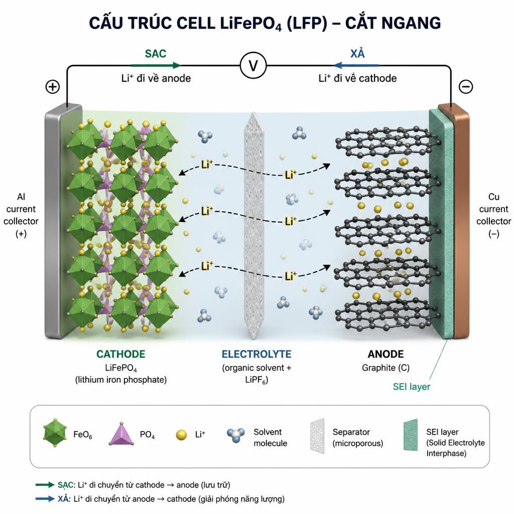 Sơ đồ cắt ngang cấu trúc cell LiFePO4 cho thấy ion lithium di chuyển giữa cathode (LiFePO4) và anode (graphite) qua electrolyte, với lớp SEI layer được đánh dấu màu khác trên bề mặt anode