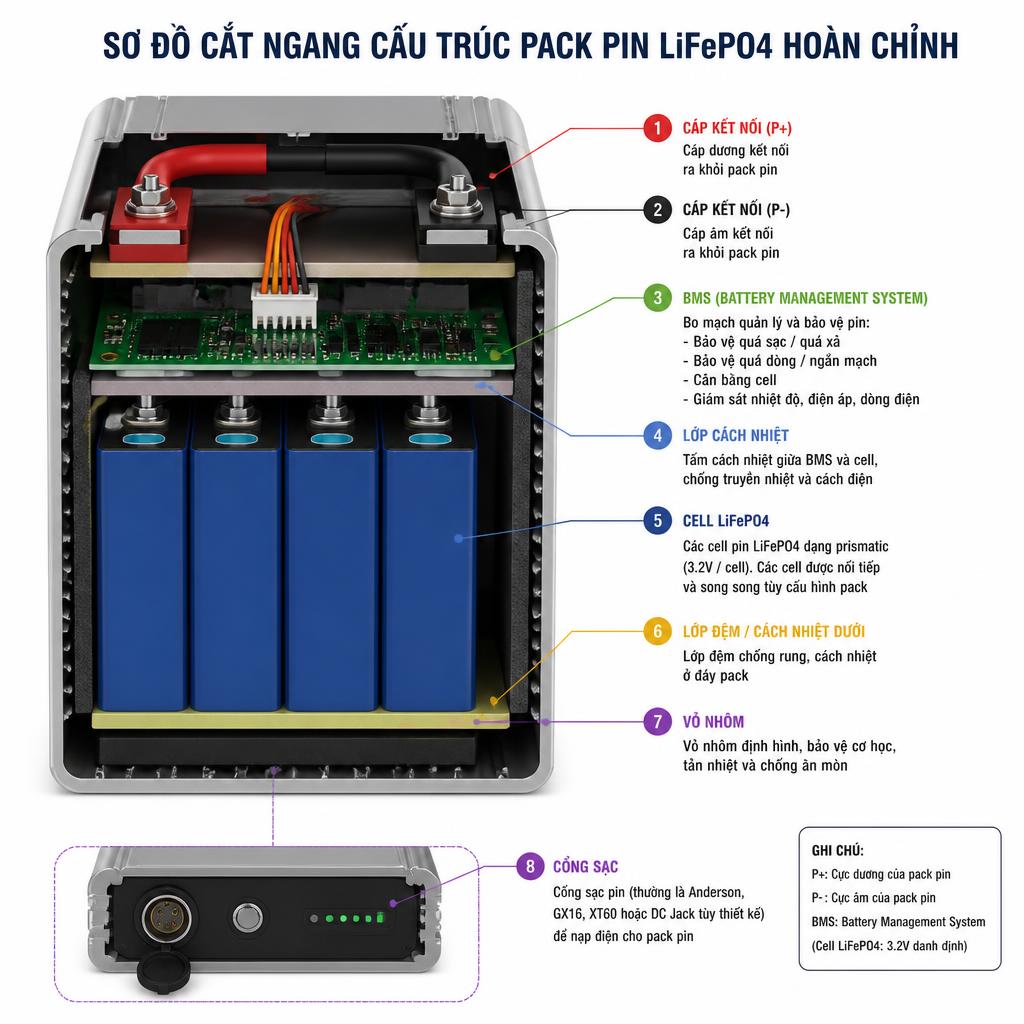 Sơ đồ cắt ngang cấu trúc pack pin LiFePO4 hoàn chỉnh, chú thích rõ từng lớp: cell, BMS, vỏ nhôm, cáp kết nối, cổng sạc