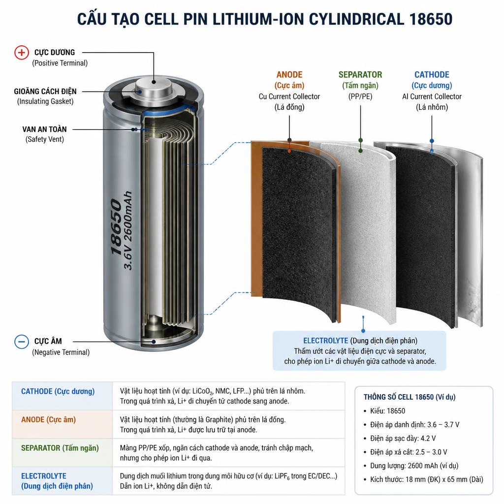 Sơ đồ cắt ngang cell pin lithium-ion cylindrical 18650 thể hiện các lớp cathode, anode, separator và electrolyte