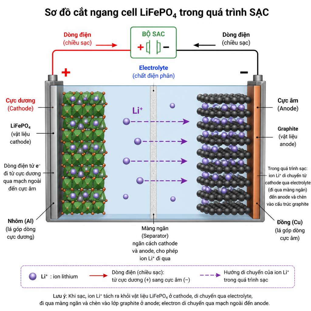 Sơ đồ cắt ngang một cell LiFePO4 thể hiện chiều di chuyển của ion Li⁺ từ cathode qua electrolyte sang anode trong quá trình sạc, có nhãn chú thích từng thành phần bằng tiếng Việt