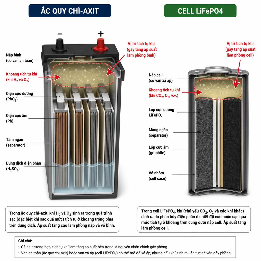 Sơ đồ cắt ngang so sánh cấu trúc bên trong ắc quy chì-axit và cell LiFePO4, mũi tên chỉ vị trí tích tụ khí gây phồng trong mỗi loại