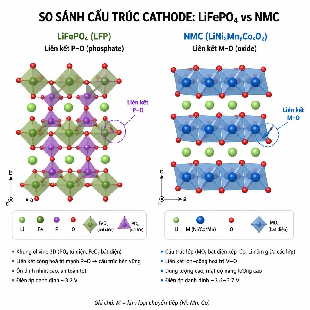 Sơ đồ cấu trúc cathode so sánh LiFePO4 (liên kết P-O) và NMC (liên kết M-O), dạng minh họa phân tử đơn giản, nền trắng, chú thích tiếng Việt