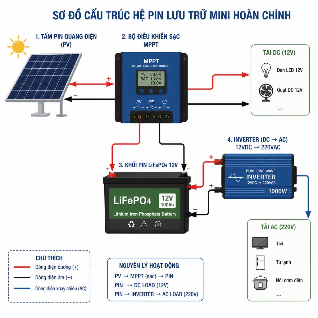 Sơ đồ cấu trúc hệ pin lưu trữ mini hoàn chỉnh gồm tấm pin quang điện, bộ điều khiển sạc MPPT, khối pin LiFePO4 12V và inverter, với mũi tên chỉ chiều dòng điện