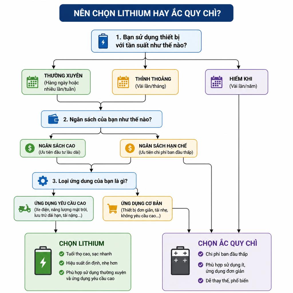Sơ đồ cây quyết định đơn giản giúp người đọc xác định nên chọn lithium hay ắc quy chì dựa trên tần suất sử dụng, ngân sách và loại ứng dụng