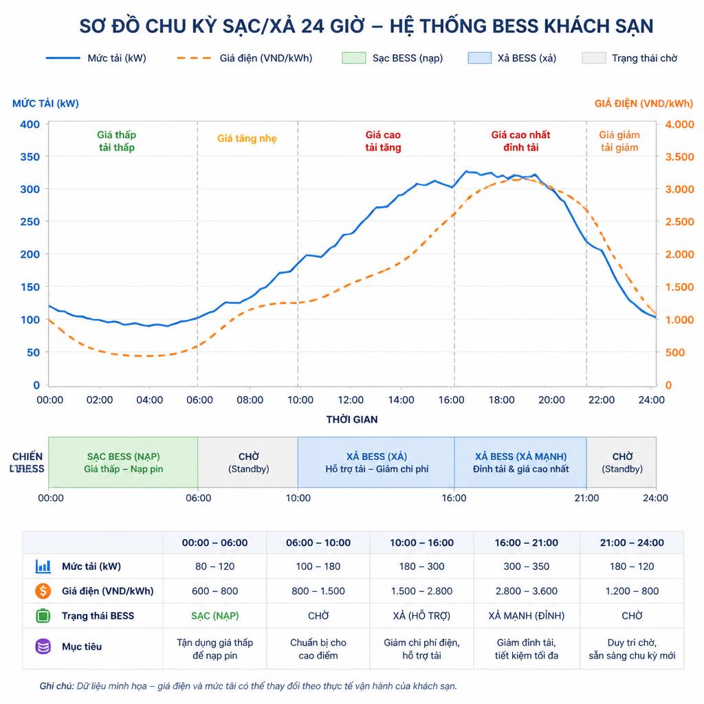 Sơ đồ chu kỳ sạc/xả 24 giờ của hệ thống BESS khách sạn, dạng biểu đồ đường thể hiện mức tải và giá điện theo từng khung giờ trong ngày