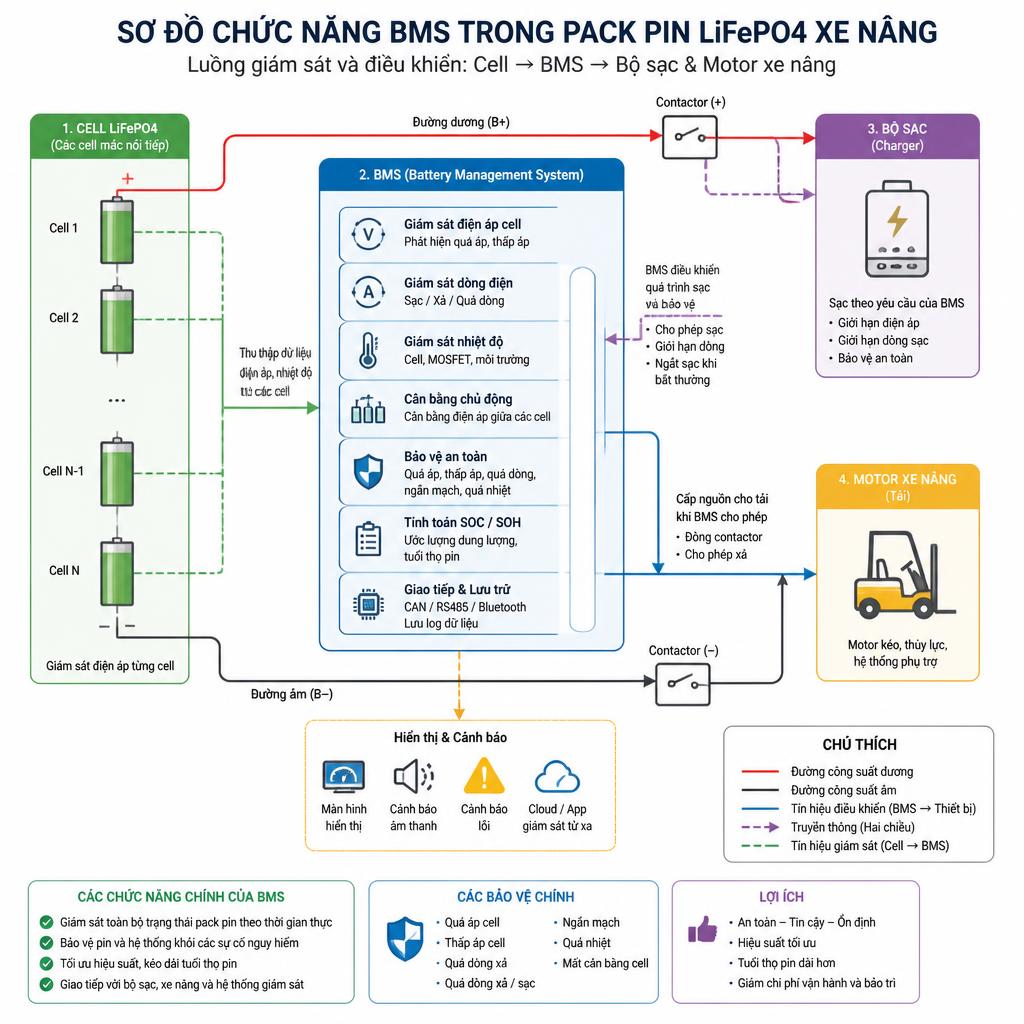 Sơ đồ chức năng BMS trong pack pin LiFePO4 xe nâng, hiển thị luồng giám sát từ cell → BMS → bộ sạc và motor xe nâng, nền trắng, chú thích tiếng Việt rõ ràng