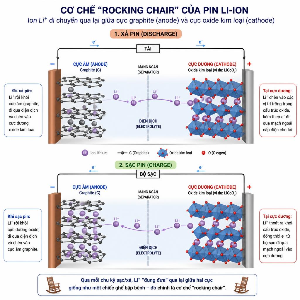 Sơ đồ cơ chế 'rocking chair' của pin Li-ion, mô tả ion Li⁺ di chuyển qua lại giữa cực graphite và cực oxide kim loại
