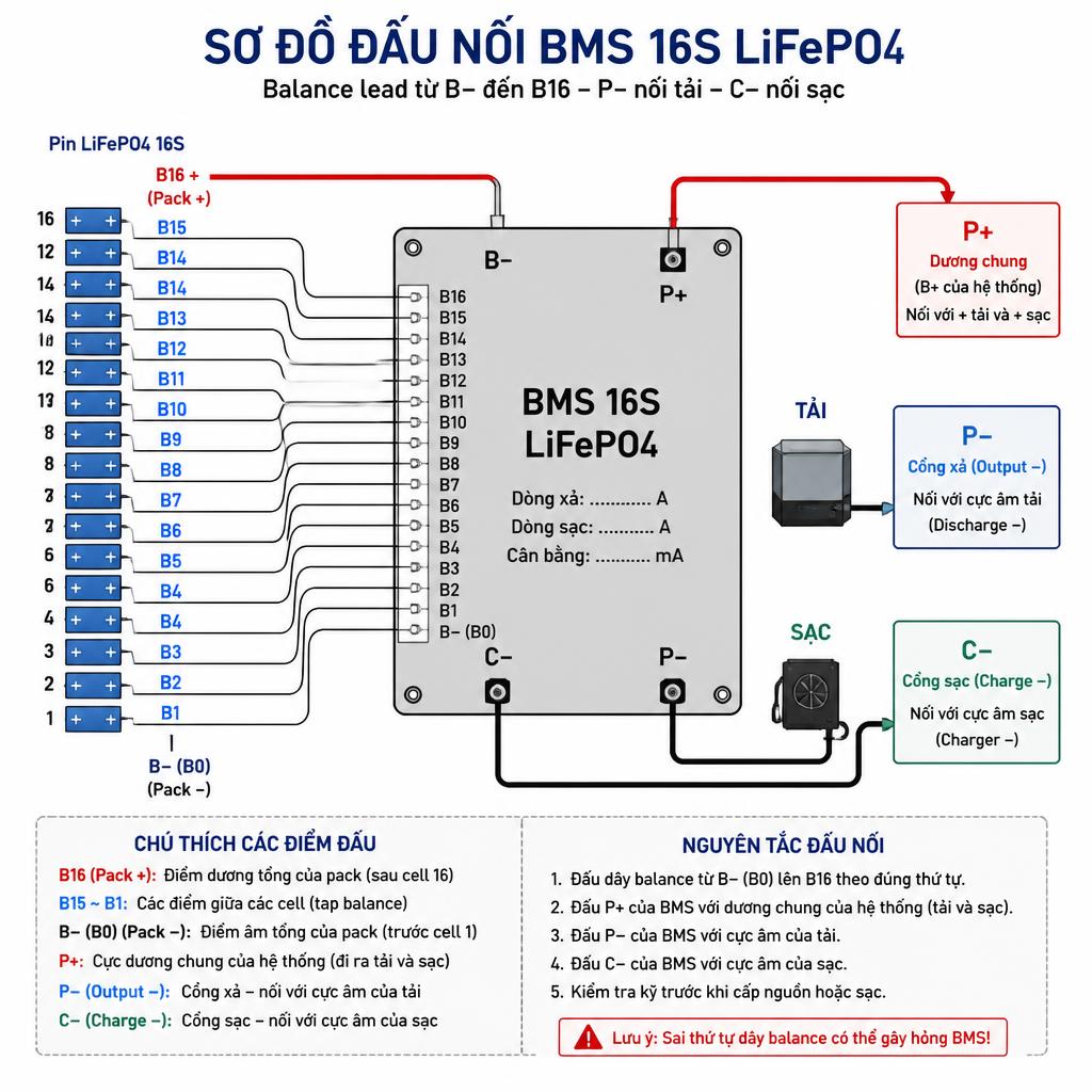 Sơ đồ đấu nối BMS 16S LiFePO4 với balance lead từ B− đến B16, cổng P− nối tải, cổng C− nối sạc, chú thích rõ từng điểm đấu