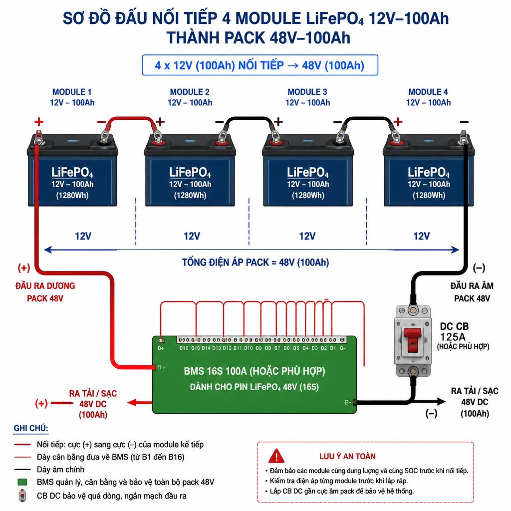 Sơ đồ đấu nối tiếp 4 module LiFePO4 12V–100Ah thành pack 48V–100Ah, thể hiện rõ chiều nối (+) sang (−), vị trí BMS và CB DC đầu ra