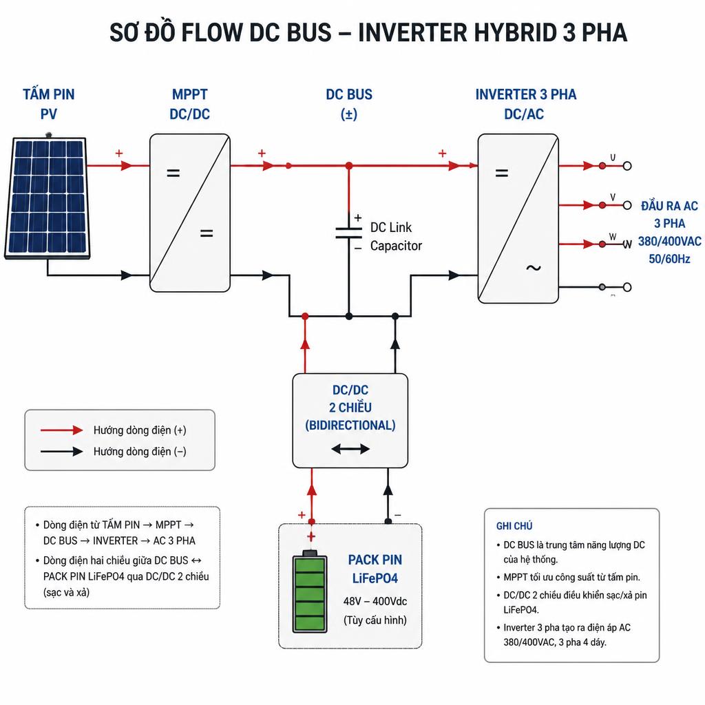 Sơ đồ flow DC bus trong inverter hybrid 3 pha, mũi tên chỉ hướng dòng điện từ tấm pin, qua MPPT, DC bus, pack pin LiFePO4 và đầu ra AC 3 pha