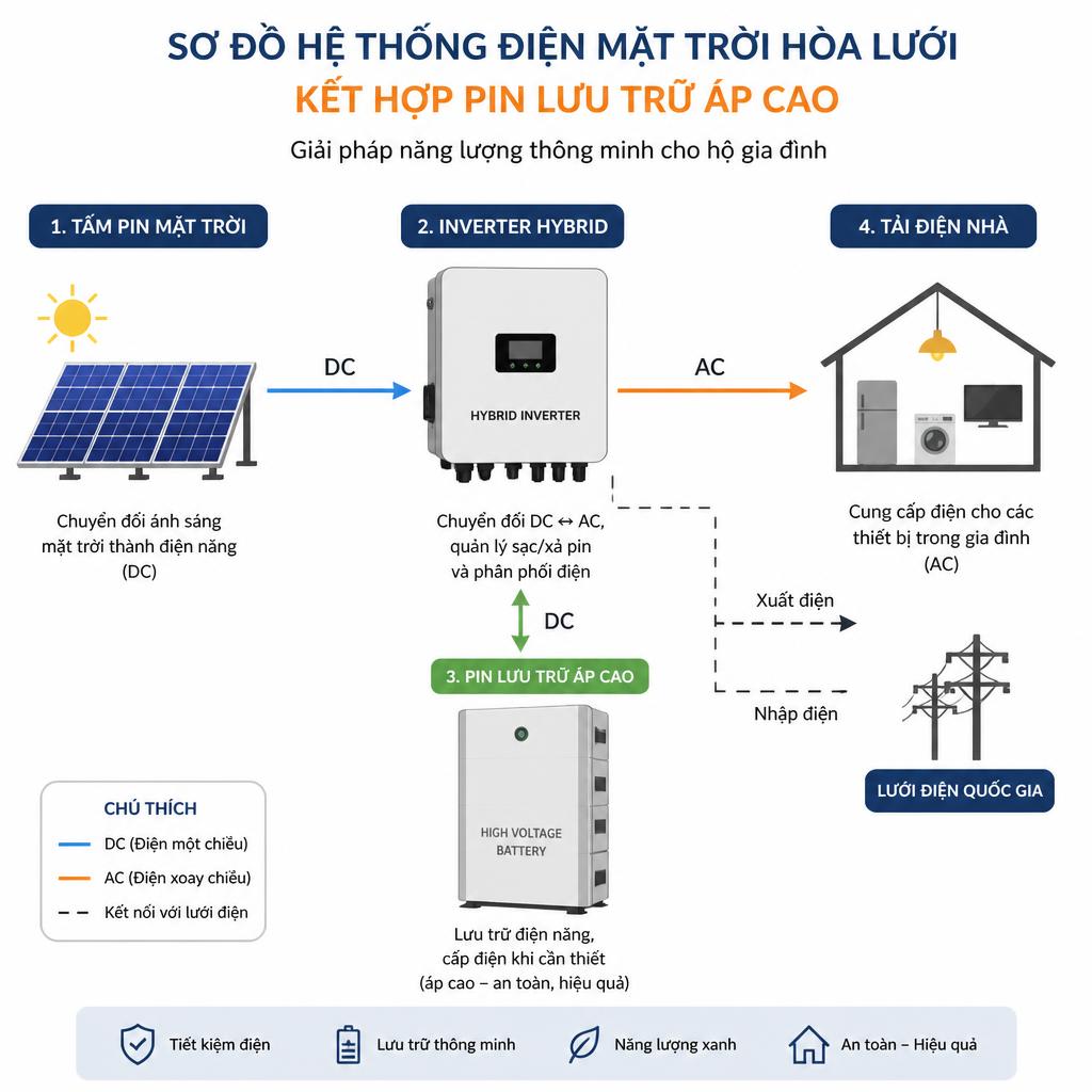 Sơ đồ hệ thống điện mặt trời hòa lưới kết hợp pin lưu trữ áp cao cho hộ gia đình: tấm pin mặt trời → inverter hybrid → pin lưu trữ áp cao → tải điện nhà, dạng infographic đơn giản
