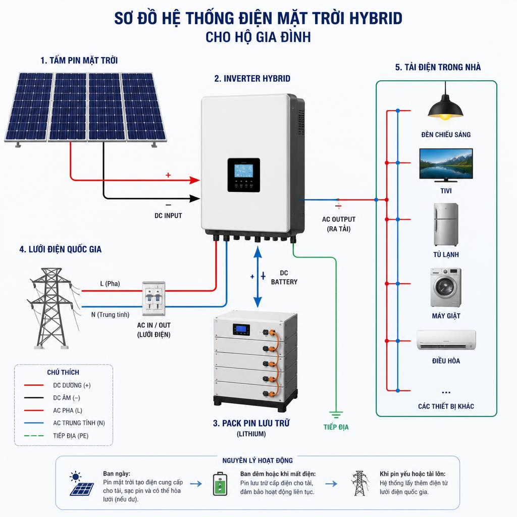 Sơ đồ hệ thống điện mặt trời hybrid hoàn chỉnh cho hộ gia đình, thể hiện vị trí kết nối giữa tấm pin mặt trời, inverter hybrid, pack pin lưu trữ và tải điện trong nhà