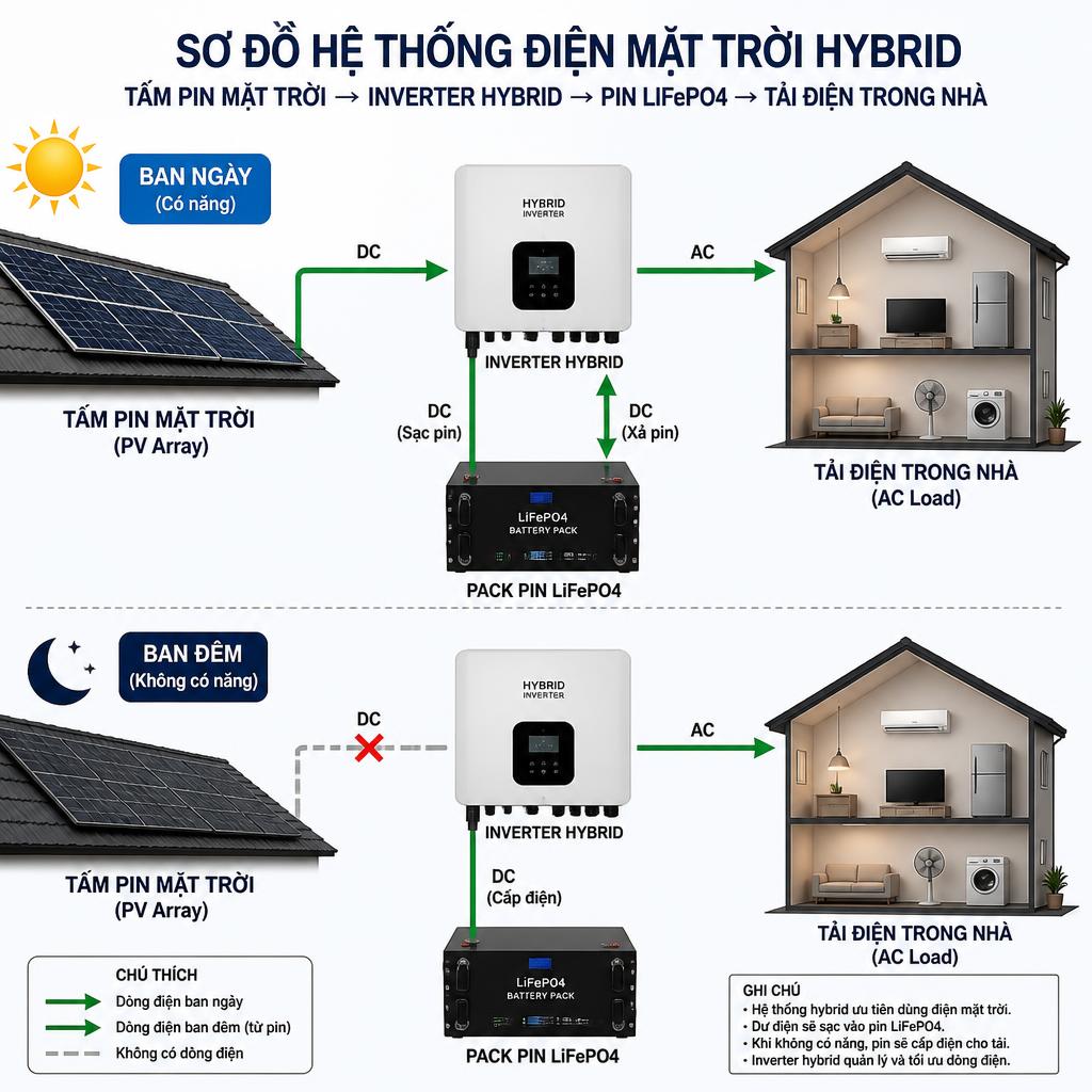 Sơ đồ hệ thống điện mặt trời hybrid hoàn chỉnh, tấm pin mặt trời trên mái → inverter hybrid → pack pin LiFePO4 → tải điện trong nhà, có mũi tên chỉ hướng dòng điện ban ngày và ban đêm