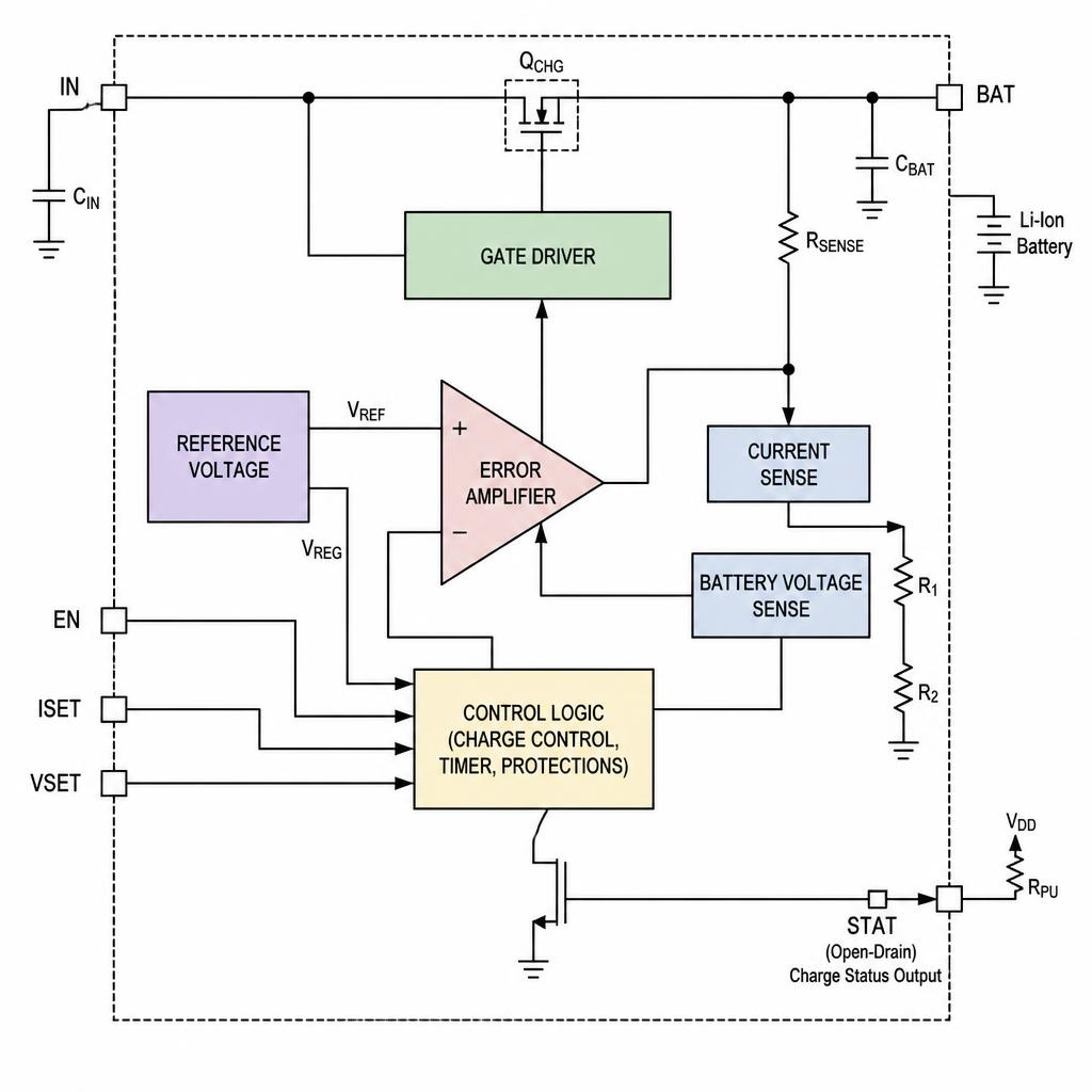 Sơ đồ khối bên trong IC sạc lithium với các thành phần: error amplifier, reference voltage, gate driver, STAT pin