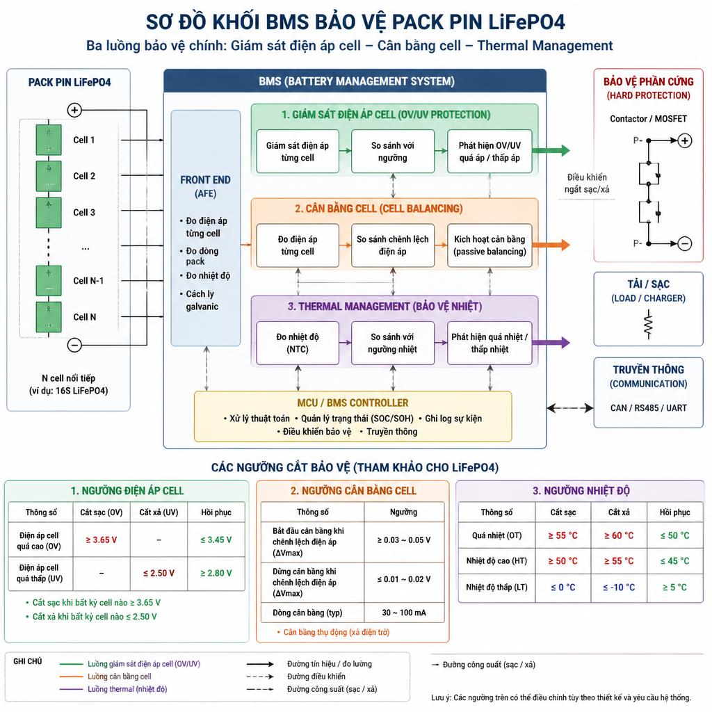 Sơ đồ khối BMS bảo vệ pack pin LiFePO4, cho thấy ba luồng bảo vệ chính: giám sát điện áp cell, cân bằng cell, và thermal management với các ngưỡng cắt được đánh dấu cụ thể