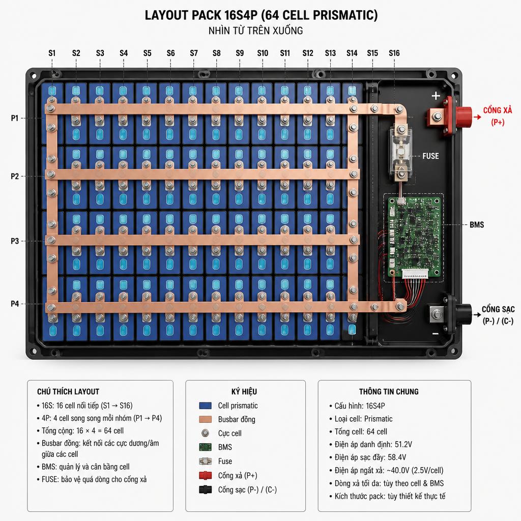Sơ đồ layout pack 16S4P nhìn từ trên xuống, vị trí 64 cell prismatic, busbar đồng, BMS, fuse, cổng sạc và cổng xả
