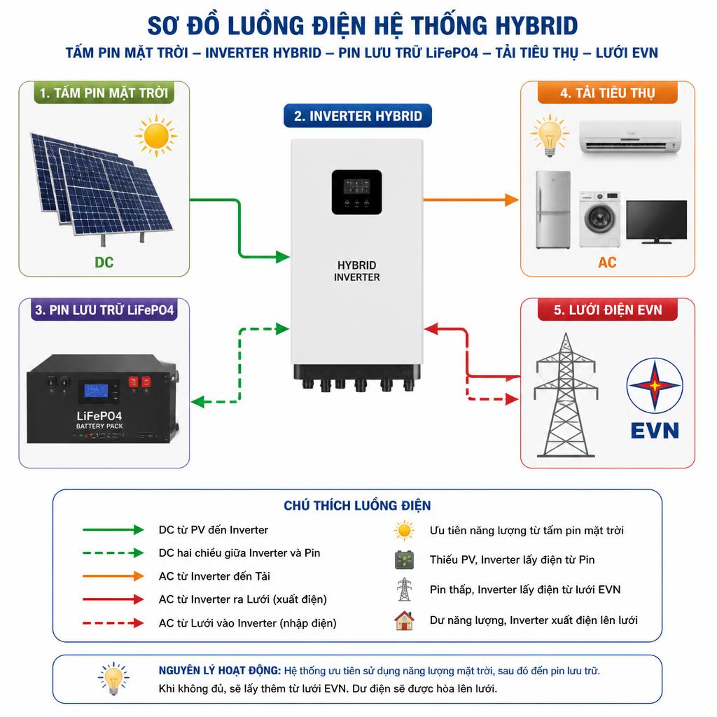 Sơ đồ luồng điện hệ thống hybrid, tấm pin mặt trời, inverter hybrid, pack pin LiFePO4, tải tiêu thụ và lưới EVN, dạng infographic rõ ràng