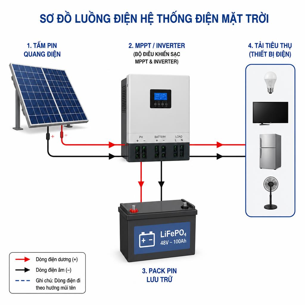 Sơ đồ luồng điện trong hệ thống điện mặt trời: tấm pin quang điện → MPPT/inverter → pack pin lưu trữ → tải tiêu thụ, với mũi tên chỉ hướng dòng điện và nhãn từng thiết bị