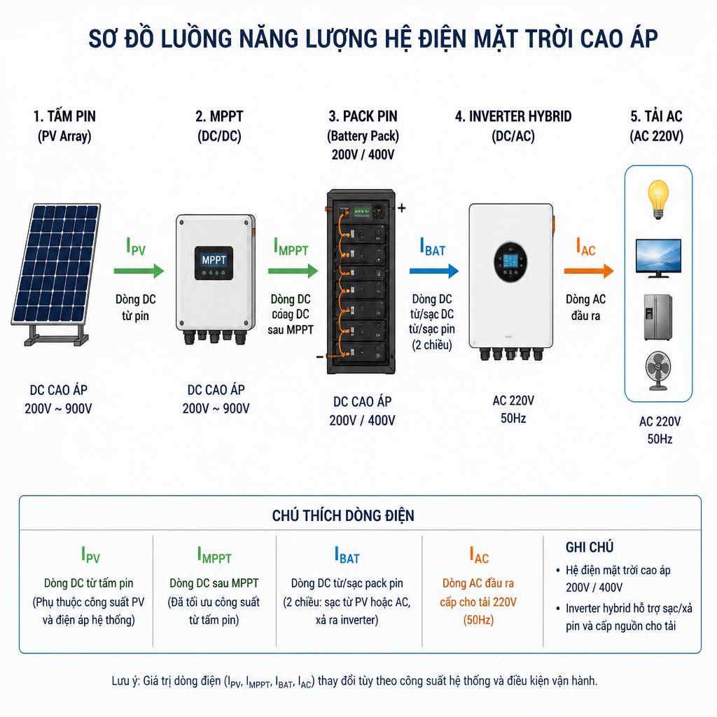 Sơ đồ luồng năng lượng hệ điện mặt trời cao áp: tấm pin → MPPT → pack pin 200V/400V → inverter hybrid → tải AC 220V, có nhãn dòng điện tại mỗi bước
