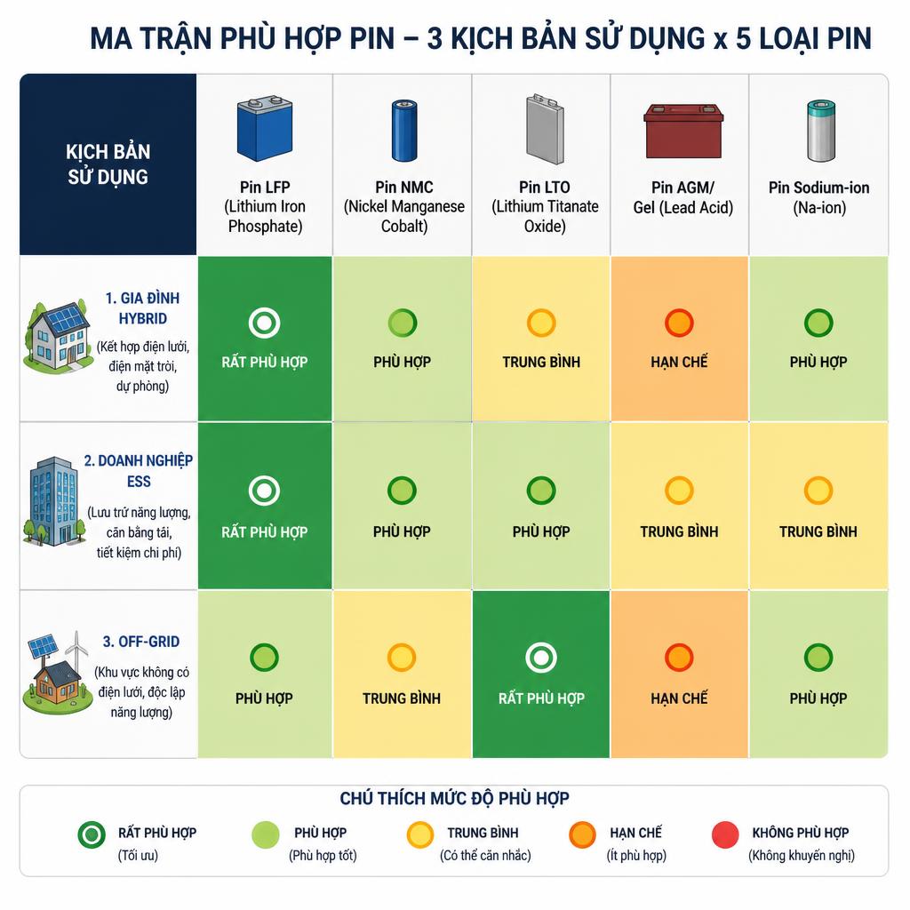 Sơ đồ ma trận 3 kịch bản sử dụng (gia đình hybrid, doanh nghiệp ESS, off-grid) x 5 loại pin, đánh dấu mức độ phù hợp bằng màu sắc