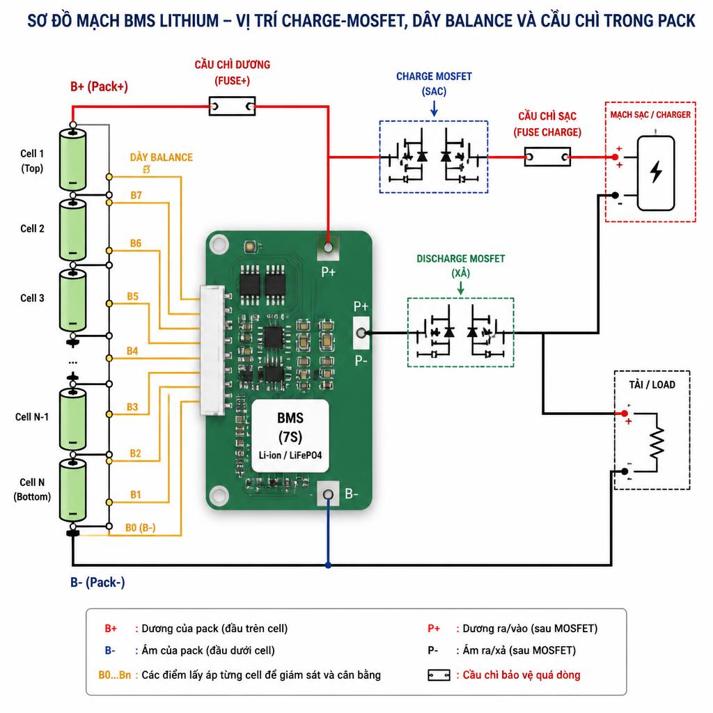 Sơ đồ mạch BMS lithium thể hiện vị trí charge-MOSFET, dây balance và cầu chì trong pack