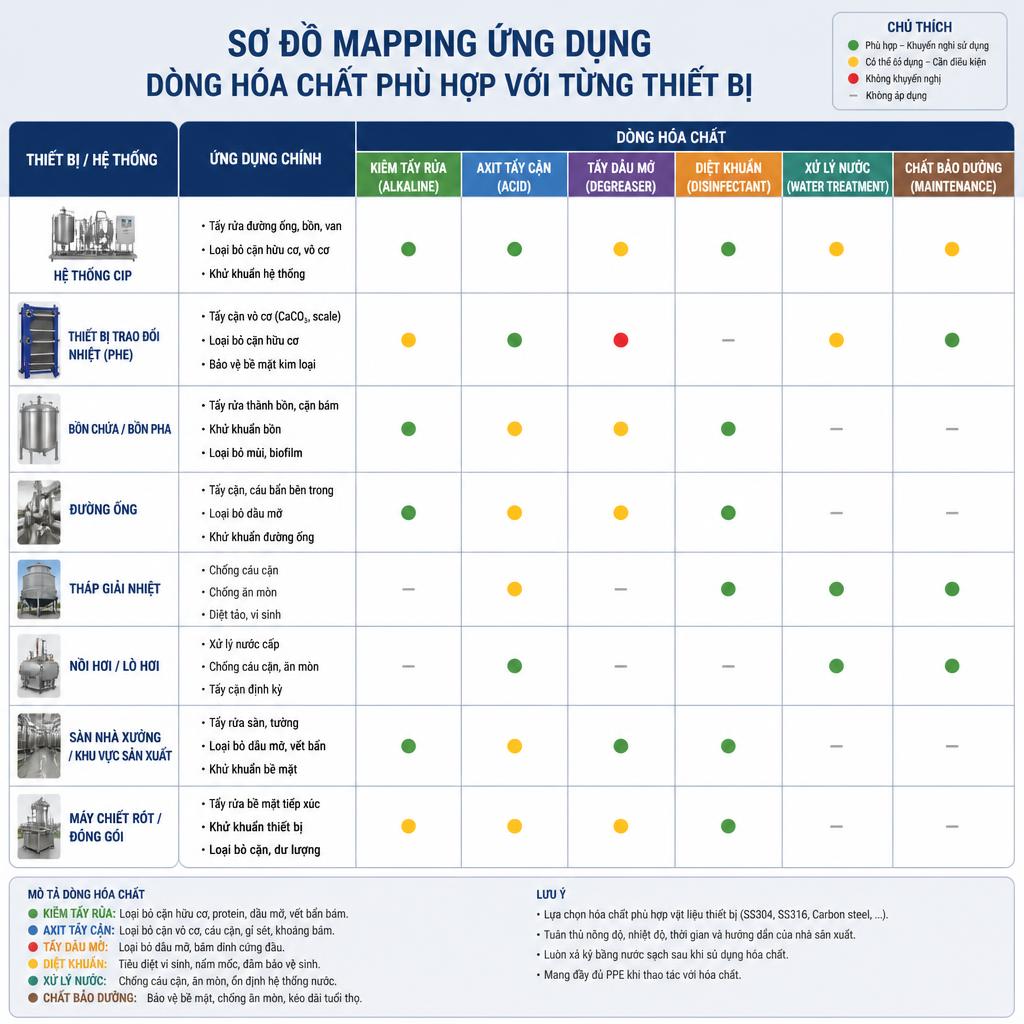 Sơ đồ mapping ứng dụng, dòng hóa học phù hợp với từng thiết bị