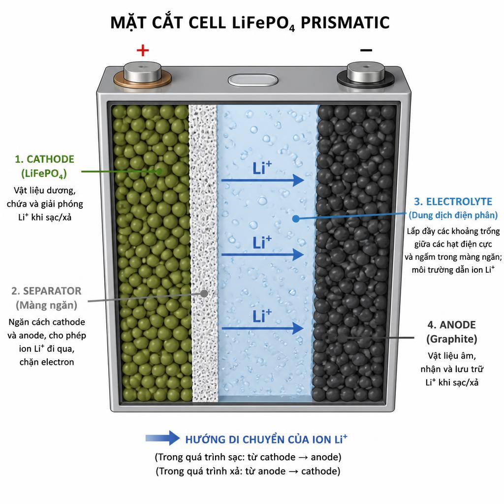 Sơ đồ mặt cắt cell LiFePO4 prismatic, đánh nhãn rõ 4 lớp: cathode (LiFePO4), separator, anode (graphite) và electrolyte lấp đầy khoảng trống, kèm mũi tên chỉ hướng di chuyển ion Li⁺