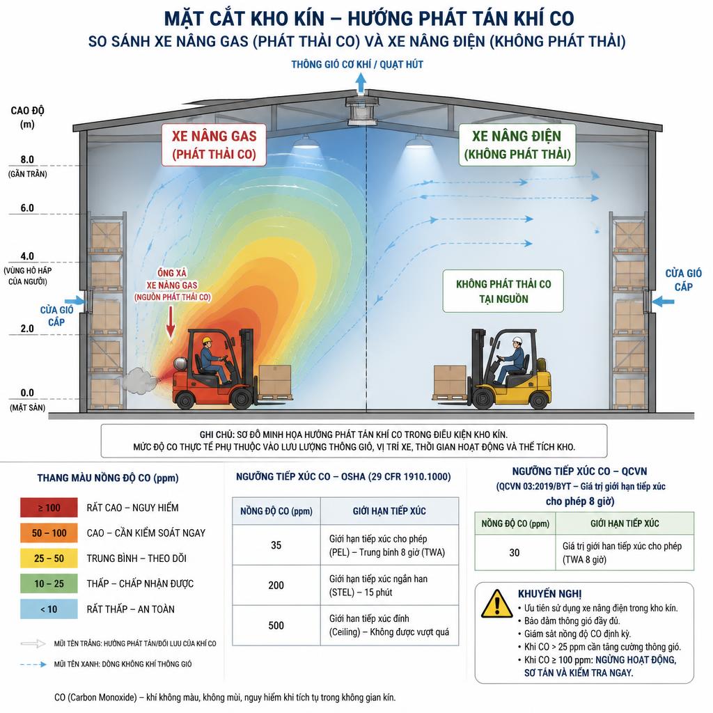 Sơ đồ mặt cắt kho kín thể hiện hướng phát tán khí CO từ xe nâng gas so với xe nâng điện không phát thải, kèm chú thích ngưỡng ppm theo OSHA và QCVN