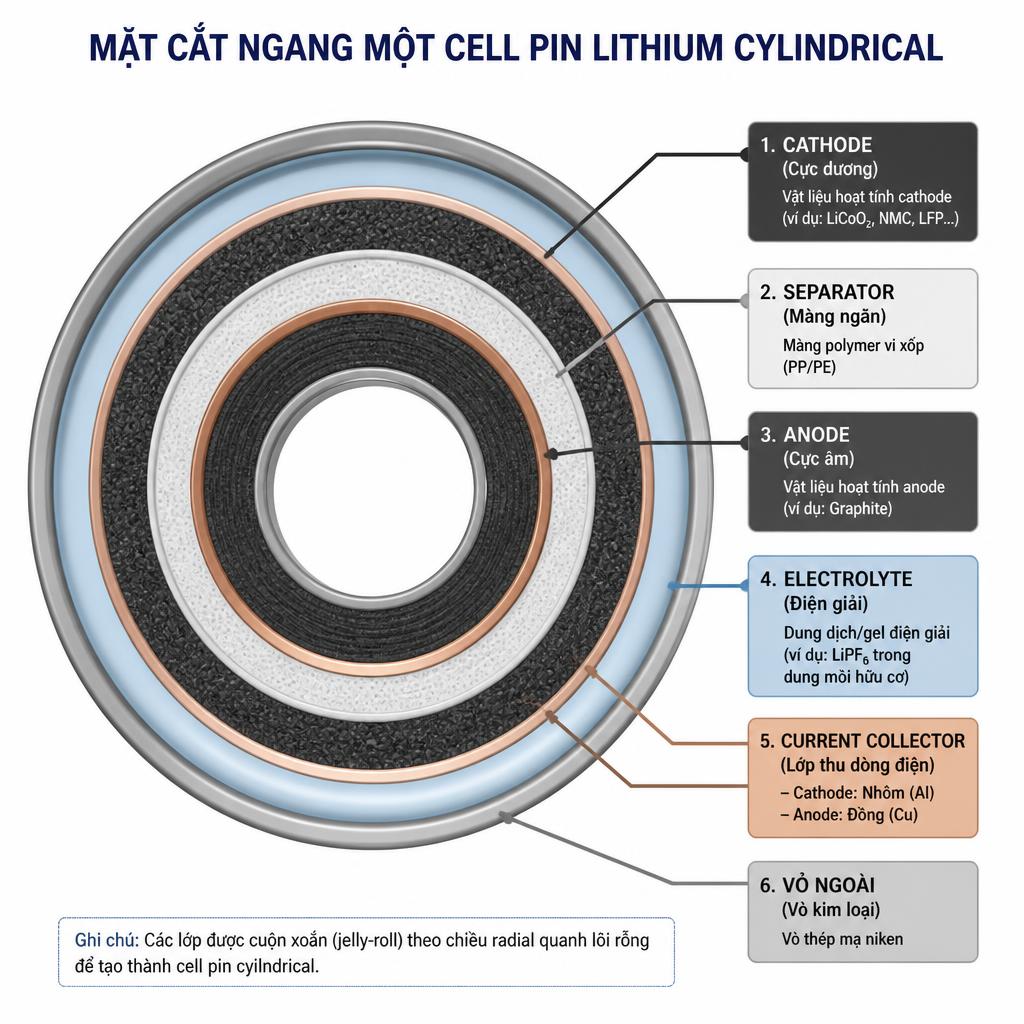 Sơ đồ mặt cắt ngang một cell pin lithium cylindrical, chú thích rõ 5 lớp: cathode, separator, anode, electrolyte, current collector, vỏ ngoài