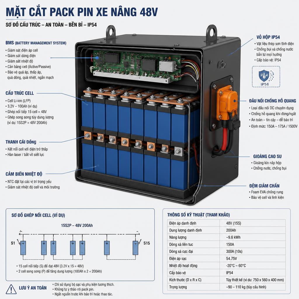 Sơ đồ mặt cắt pack pin xe nâng 48V thể hiện cấu trúc cell, BMS, vỏ hộp IP54 và đầu nối chống hồ quang, dạng đồ họa kỹ thuật