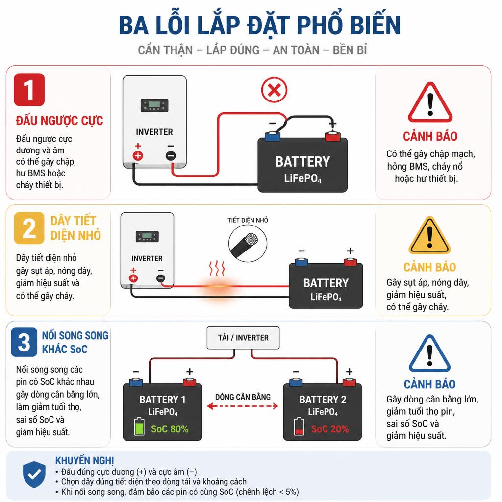 Sơ đồ minh họa ba lỗi lắp đặt phổ biến: đấu ngược cực, dây tiết diện nhỏ, nối song song khác SoC, mỗi lỗi có icon cảnh báo
