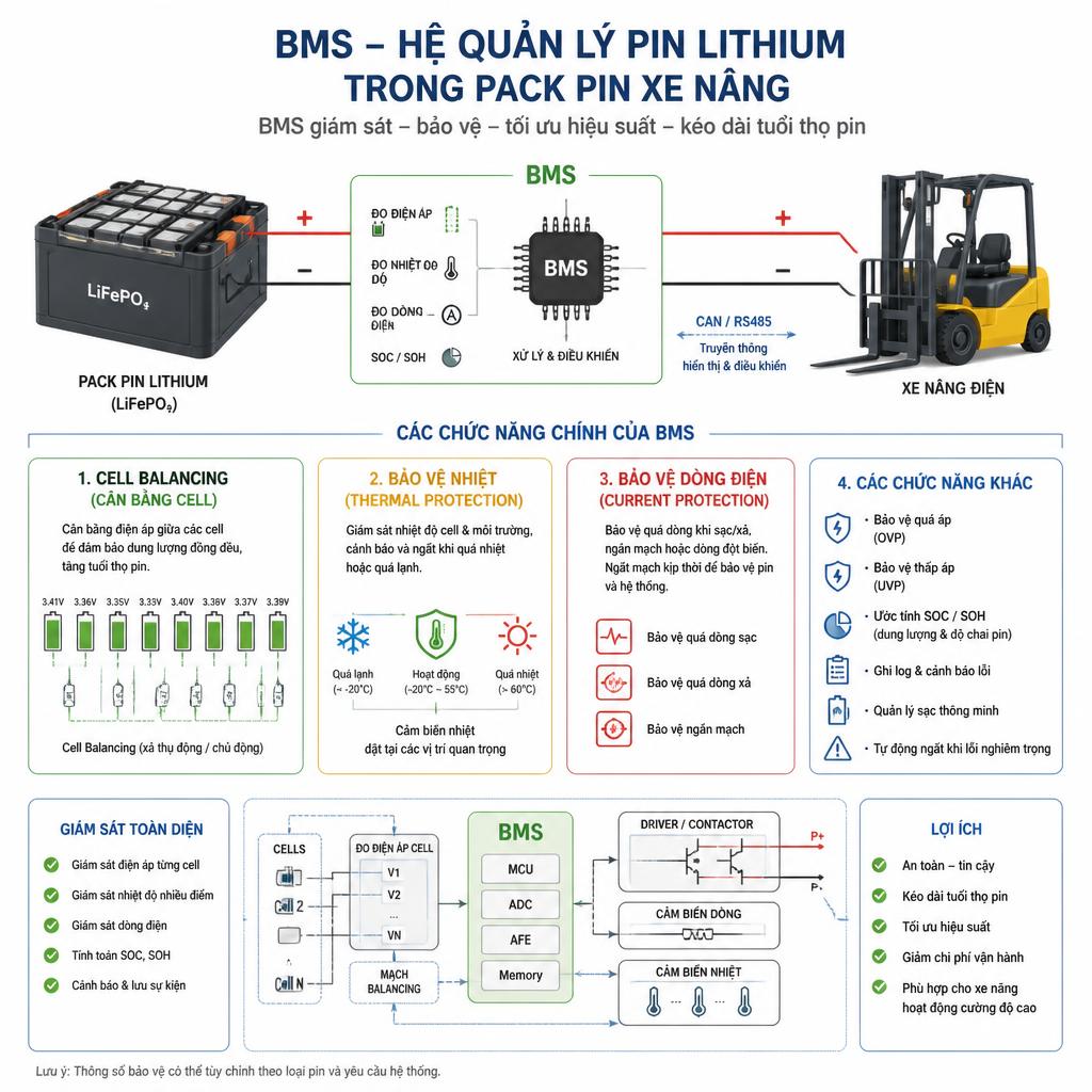 Sơ đồ minh họa các chức năng BMS trong pack pin lithium xe nâng, cell balancing, bảo vệ nhiệt, bảo vệ dòng, dạng infographic kỹ thuật nền trắng