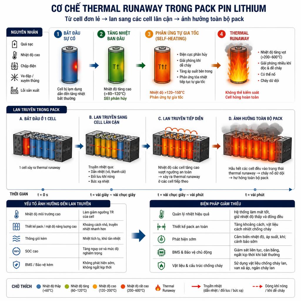 Sơ đồ minh họa cơ chế thermal runaway trong pack pin lithium, từ cell đơn lẻ lan sang toàn bộ pack