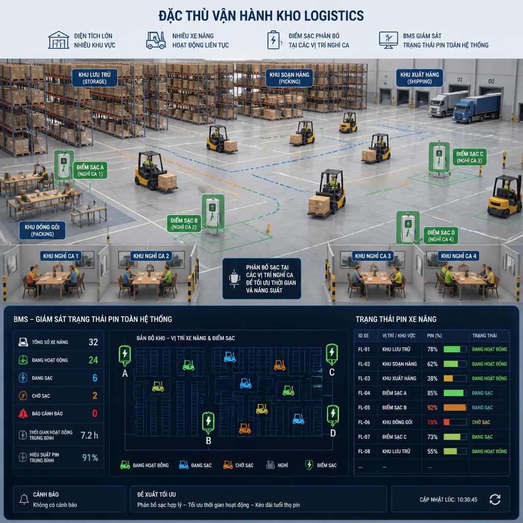 Sơ đồ minh họa đặc thù vận hành kho logistics: nhiều xe nâng di chuyển trên diện tích lớn, điểm sạc phân bố tại các vị trí nghỉ ca, BMS hiển thị trạng thái pin trên màn hình giám sát