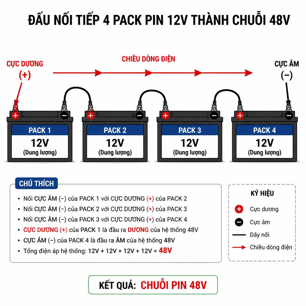 Sơ đồ minh họa đấu nối tiếp 4 pack pin 12V thành chuỗi 48V, mũi tên chỉ chiều dòng điện và vị trí cực dương/âm, nền trắng, chữ chú thích tiếng Việt