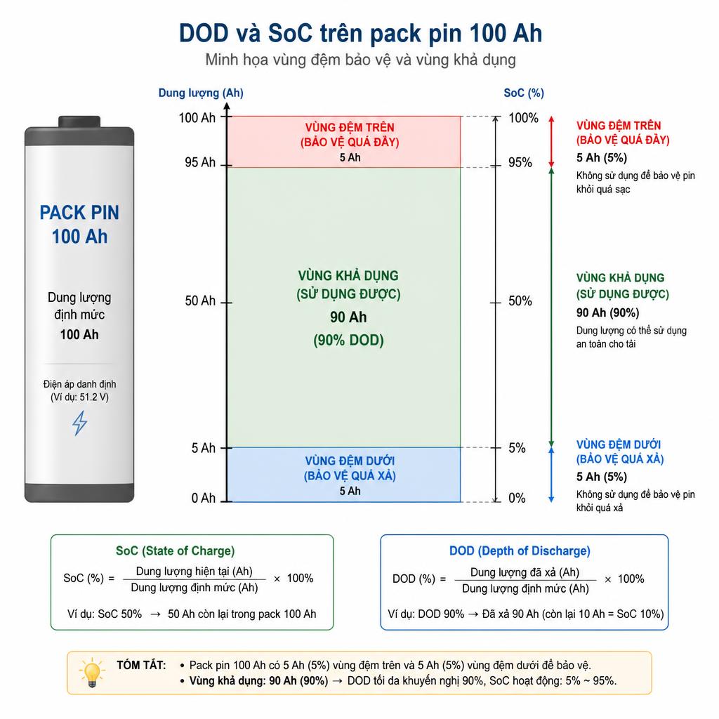 Sơ đồ minh họa DOD và SoC trên một pack pin 100 Ah, thể hiện vùng đệm bảo vệ và vùng khả dụng