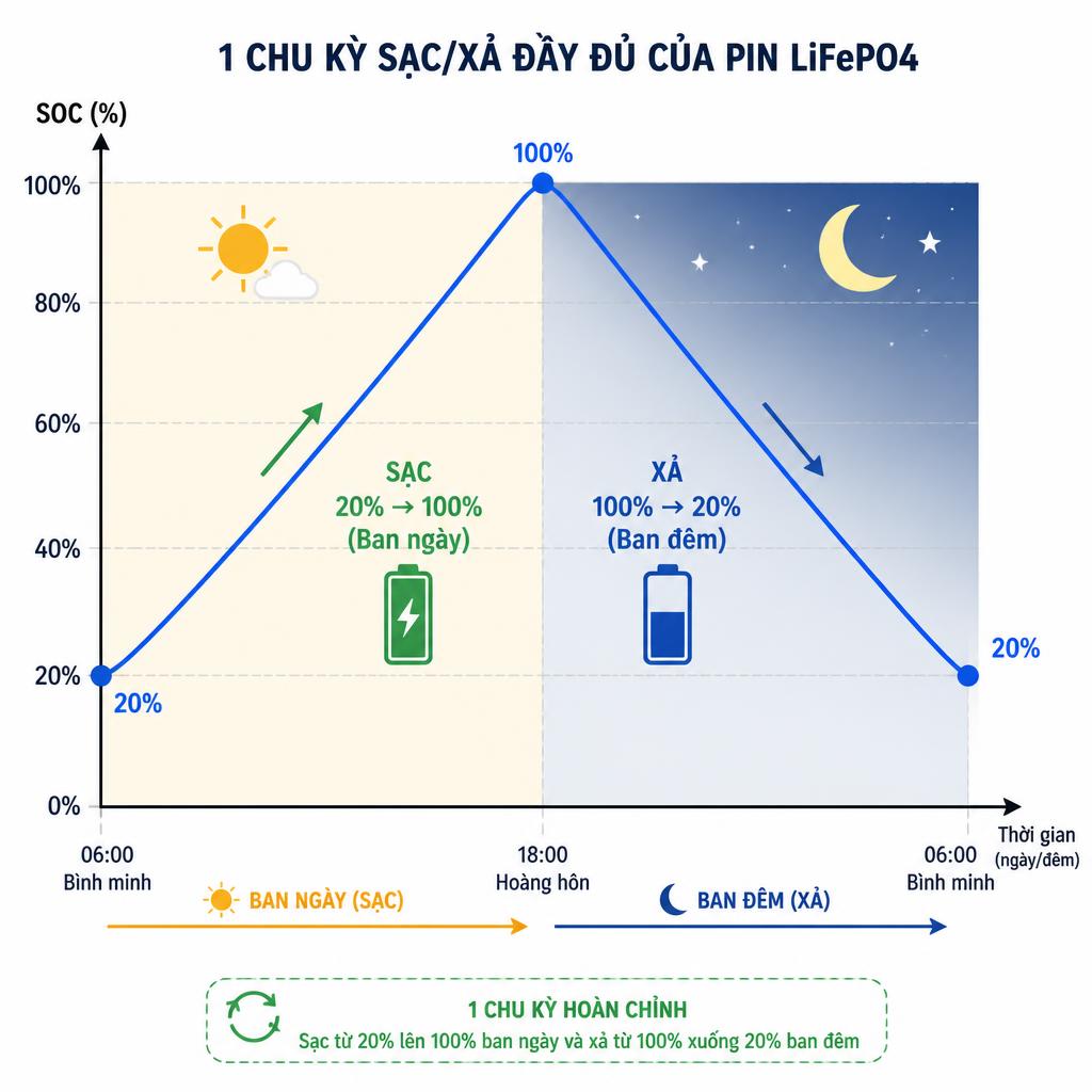 Sơ đồ minh họa một chu kỳ sạc/xả đầy đủ của pin LiFePO4, trục X là thời gian (ngày/đêm), trục Y là mức SOC (%), cho thấy pin sạc từ 20% lên 100% ban ngày và xả xuống 20% ban đêm, tạo thành 1 chu kỳ hoàn chỉnh