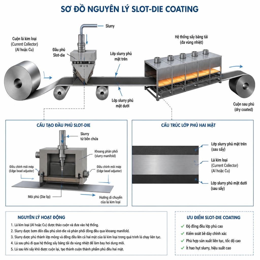 Sơ đồ nguyên lý slot-die coating, hiển thị đầu phủ slot-die, cuộn lá kim loại (current collector), lớp slurry được phủ đều hai mặt và hệ thống sấy băng tải phía sau