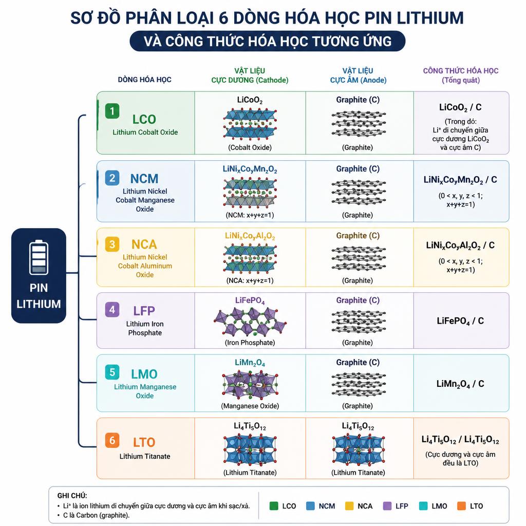 Sơ đồ phân loại 6 dòng hóa học pin lithium với công thức hóa học tương ứng