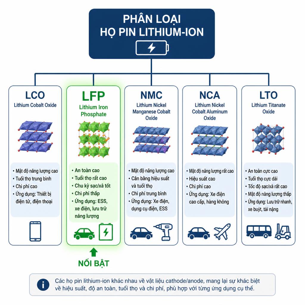 Sơ đồ phân loại họ pin lithium-ion gồm LFP, NMC, NCA, LCO, LTO với vị trí LFP được làm nổi bật