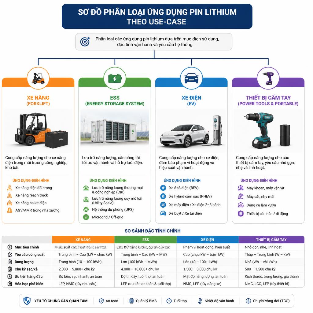 Sơ đồ phân loại ứng dụng pin lithium theo use-case: xe nâng, ESS, xe điện, thiết bị cầm tay